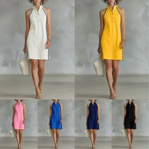 Detailed view of sleeveless polo mini dress with side stripes in six vibrant color options.
