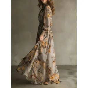 Elegant vintage floral print chiffon maxi dress featuring long sleeves and a wide hem