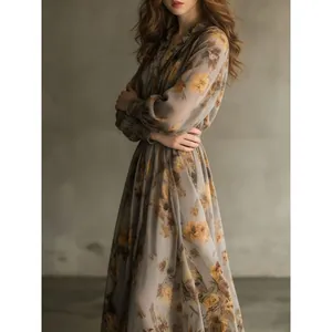 Elegant vintage grey floral print chiffon maxi dress featuring V-neck and long sleeves