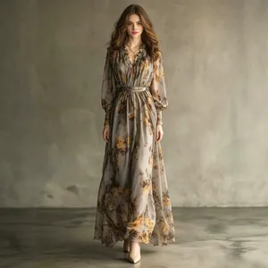 Retro gray floral print chiffon V-neck long sleeve maxi dress with waist-defining belt