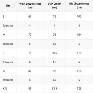 Detailed size chart measurements for high waist solid color skirt with ruffle hem