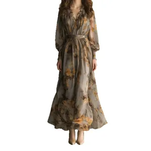 Vintage grey floral print chiffon V-neck maxi dress with long sleeves and cinched waist.