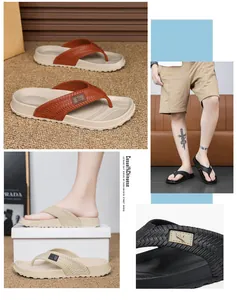 Composite detail view of men's casual beach flip-flops with woven straps and thick soles
