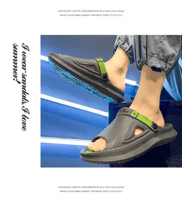 Detailopname van heren EVA-sandalen met dikke zool en groene accenten voor de zomer.