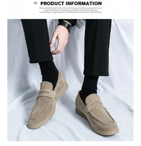 Men's khaki suede penny loafers shown on a model for a professional and stylish casual look.