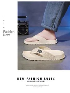 Beige thick-soled men's flip flops with woven texture strap in a casual setting.