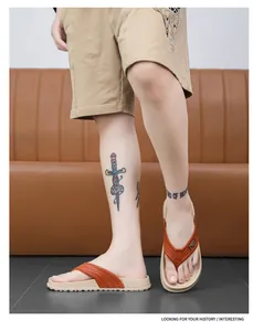Detailed side and front view of men's thick-soled flip-flops in orange and beige
