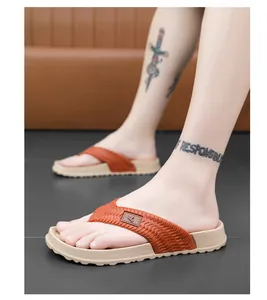 Men's orange woven strap flip-flops with thick beige anti-slip sole for summer beach