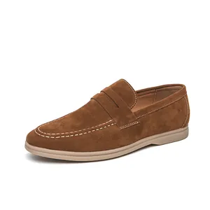 Classic men's brown suede loafers with white stitching and comfortable rubber sole