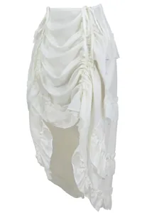 Detailed view of white ruffled high-low maxi skirt with drawstring accents and tiered ruffles