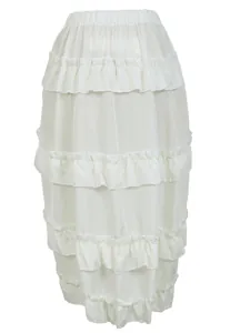 Detailed view of white tiered ruffled skirt with elastic waistband, ideal for dancing.
