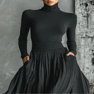 Women French Vintage Elegant Slim Fit Knit Top And High Waist Pleated Skirt Set Casual Long Sleeve Top And Midi Skirt Outfit