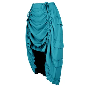Side view of teal ruched high-low dance skirt showcasing layered ruffle hem details