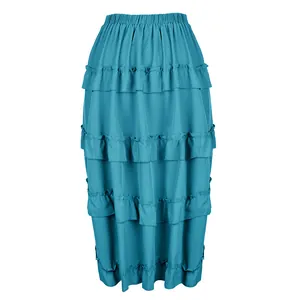 Detailed front view of a vibrant teal ruffled tiered maxi skirt featuring elastic high waist.