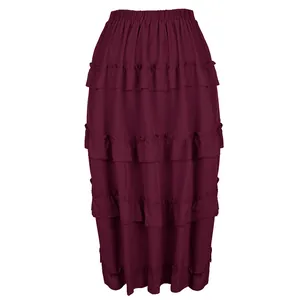 Elegant burgundy tiered ruffled maxi skirt with elastic waistband for summer