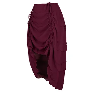 Elegant burgundy ruched high-low skirt with layered ruffles and drawstring details