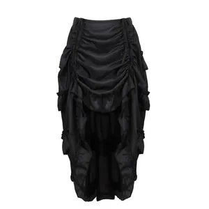 Women Ruched High-Low Pleated Skirt Gothic Ruffle Drawstring Dance Skirt Solid Color Polyester A-line Maxi Skirt Retro Style