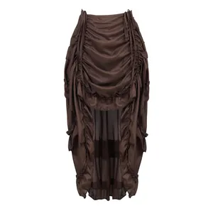 Vintage brown ruched high-low midi skirt with adjustable drawstring and ruffle details