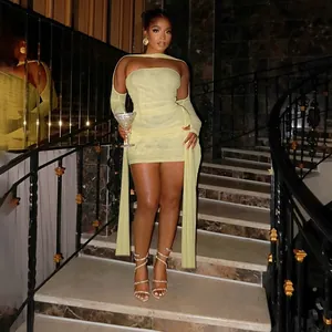 Vue détaillée de l'ensemble mini-robe froncée en maille vert clair avec manches à doigts