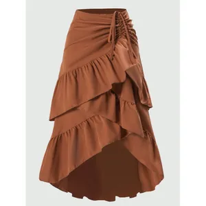 Elegante Falda de Cintura Alta con Dobladillo de Volantes para Mujer Falda Midi de Patchwork Asimétrica Color Sólido Poliéster