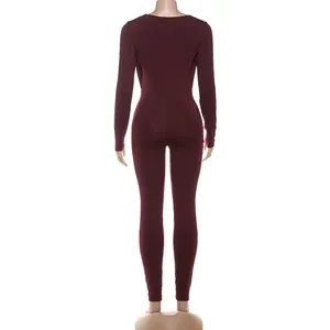 Detailed back view of a slim fit burgundy long sleeve bodycon jumpsuit for women