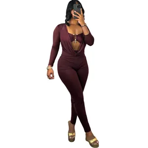 Sexy burgundy long sleeve jumpsuit with cowl neck and slim fit silhouette.