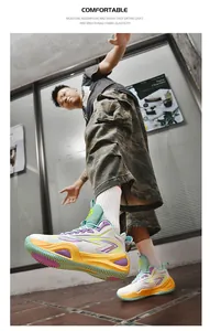 Low angle action shot of stylish color-block thick-soled basketball shoes for outdoor
