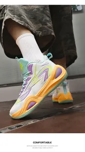 Detailed view showing the breathable mesh and color-block design of basketball shoes