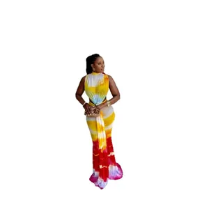 Elegant colorful tie-dye sleeveless bodycon maxi dress with waist wrap for women