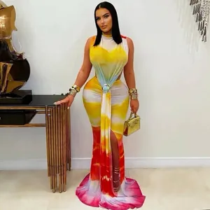 Sexy sleeveless tie-dye sunset print maxi dress with gold waist ring and side slit