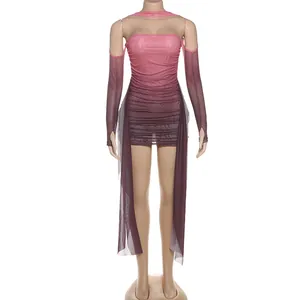 Robe licou en maille dégradé rose avec manches à passant et rubans