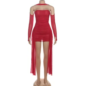 Ensemble robe courte en mesh rouge sexy avec dos nu et manches longues à passant