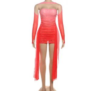Robe mini sexy en maille dégradée rose et rouge avec manches et rubans décoratifs