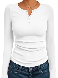 Front detail view of a white slim fit ribbed long-sleeve Henley top with buttons