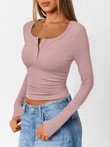 Elegant slim fit dusty pink ribbed long sleeve Henley neck top for women daily wear