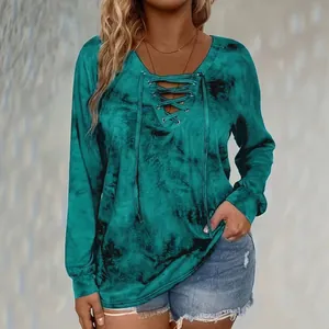 Damen Übergröße Batik Langarm T-Shirt Elegant V-Ausschnitt Schnürung Casual Polyester Oberteil Bequem Pullover Alltag