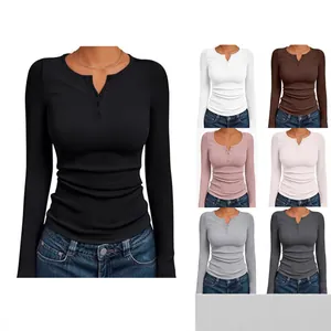 Women Ribbed Henley Neck Long Sleeve Top Slim Fit Button Casual Ribbed Knit Basic Pullover Autumn Top