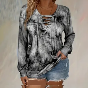 Lässiges graues Tie-Dye Langarm-T-Shirt mit elegantem V-Ausschnitt zum Schnüren für Damen