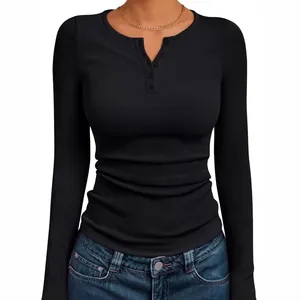 Slim fit black long sleeve ribbed Henley shirt for women with buttoned neckline details.