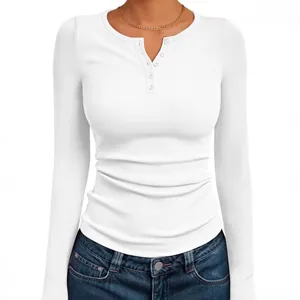 Premium women's white long sleeve ribbed henley shirt featuring a slim fit silhouette