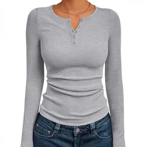 Women's slim-fit long-sleeve grey ribbed Henley t-shirt top for autumn casual wear