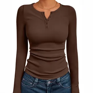 Women's slim fit long sleeve Henley neck top in brown ribbed knit basic T-shirt