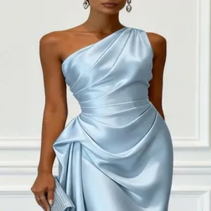 Elegant light blue satin one-shoulder pleated evening gown with sophisticated draped detailing