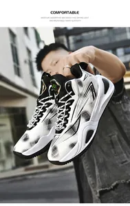 Modern high-top basketball shoes in black and white with thick soles and geometric pattern