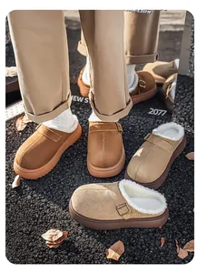 Stylish men's platform fur-lined clogs in brown and tan suede with adjustable buckle