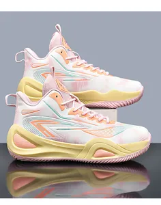 Stylish mid-top basketball shoes with thick soles and pink color-blocking design