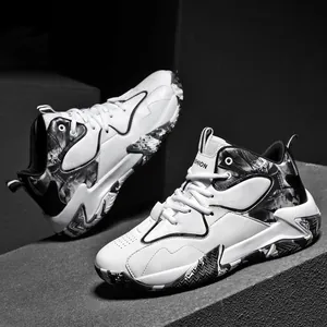 Scarpe da basket mid-top da uomo con suola spessa in pelle bianca e nera sportiva