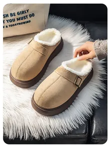 Detailed view of khaki thick-sole clogs with warm white faux fur lining and buckle