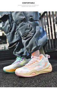 Stylish mid-top basketball sneakers with colorful thick soles worn with denim cargo pants