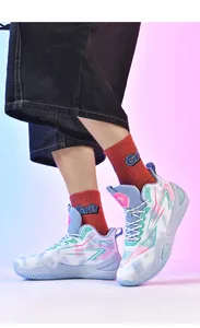 Detailed side view of stylish high-top basketball sneakers with vibrant color-block patterns